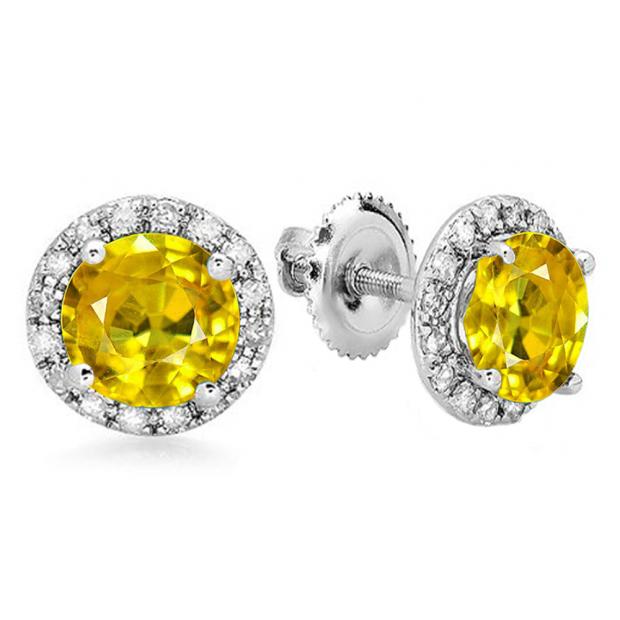 3.00 Carat (ctw) 14K White Gold Round Yellow Sapphire & White Diamond Ladies Halo Style Stud Earrings 3 CT