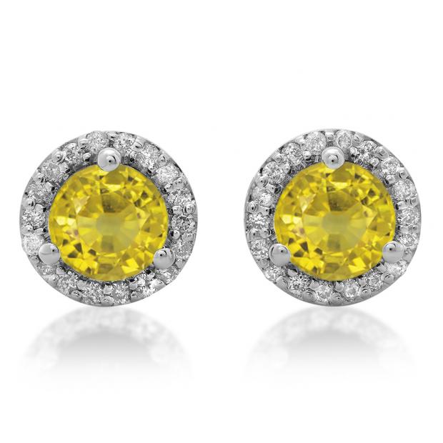 4.00 Carat (ctw) 18K White Gold Round Yellow Sapphire & White Diamond Ladies Halo Style Stud Earrings 4 CT