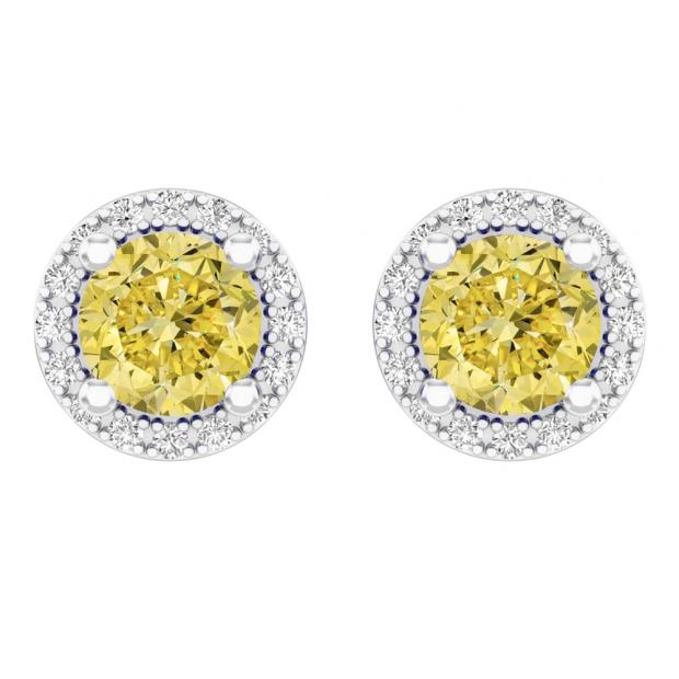 2.00 Carat (ctw) 14k White Gold Round Yellow Sapphire & White Diamond Ladies Halo Style Stud Earrings 2 CT