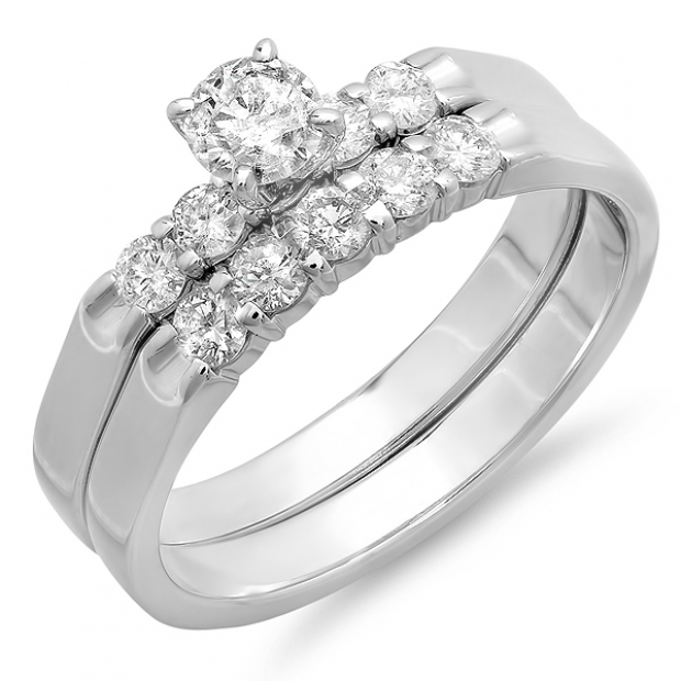 0.75 Carat (ctw) 14k White Gold Round Diamond 5 Stone Ladies Bridal Engagement Ring Matching Wedding Band Set 3/4 CT