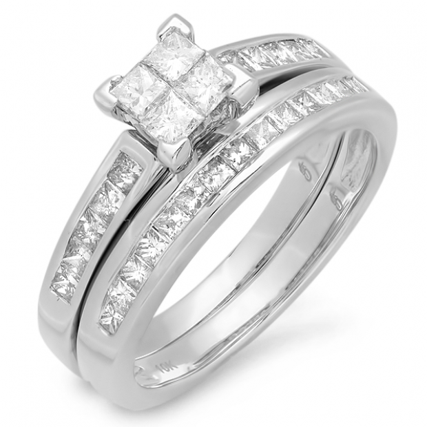 1.00 Carat (ctw) 10k White Gold ALL Princess Cut White Diamond Ladies Bridal Engagement Ring Matching Band Set