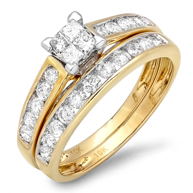 1.00 Carat (ctw) 10k Yellow Gold Princess and Round Diamond Ladies Bridal Engagement Ring Matching Band Set