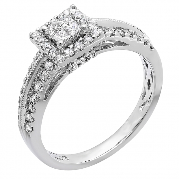 0.85 Carat (ctw) 14K White Gold Quad Set Halo Style Princess & Round Diamond Ladies Bridal Engagement Ring