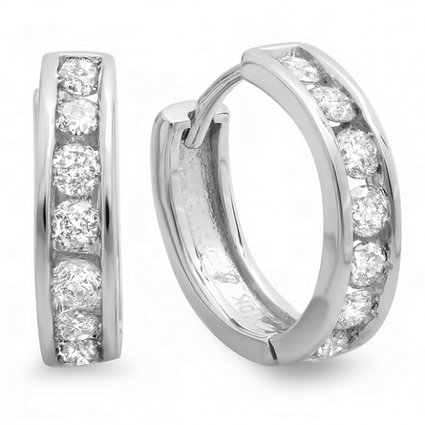 0.55 Carat (ctw) 12mm 10K White Gold Round Diamond Ladies Mens Unisex Huggie Hoop Earrings