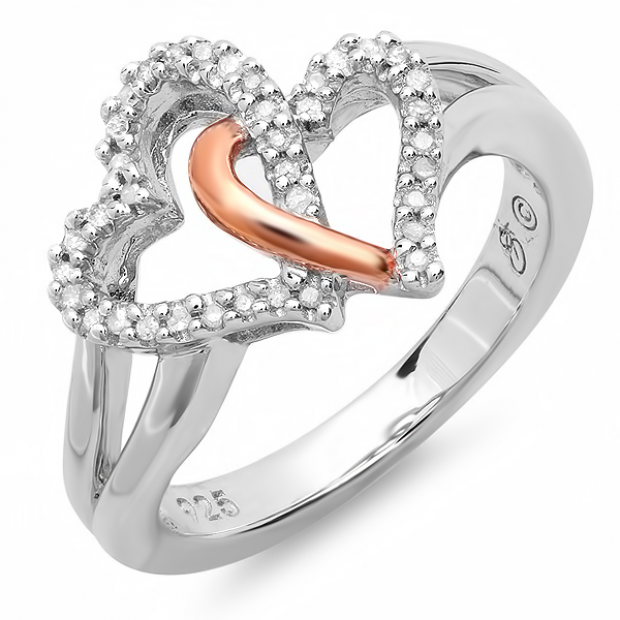 0.15 Carat (ctw) Sterling Silver & Pink Gold Plated Round White Diamond Ladies Promise Tangled Double Heart Love Engagement Ring