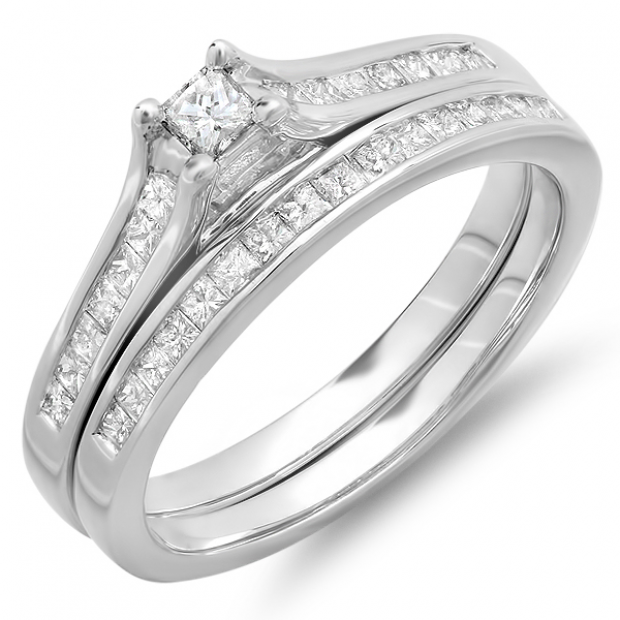 0.65 Carat (ctw) 10k White Gold Princess Diamond Ladies Bridal Engagement Ring Matching Wedding Band Set