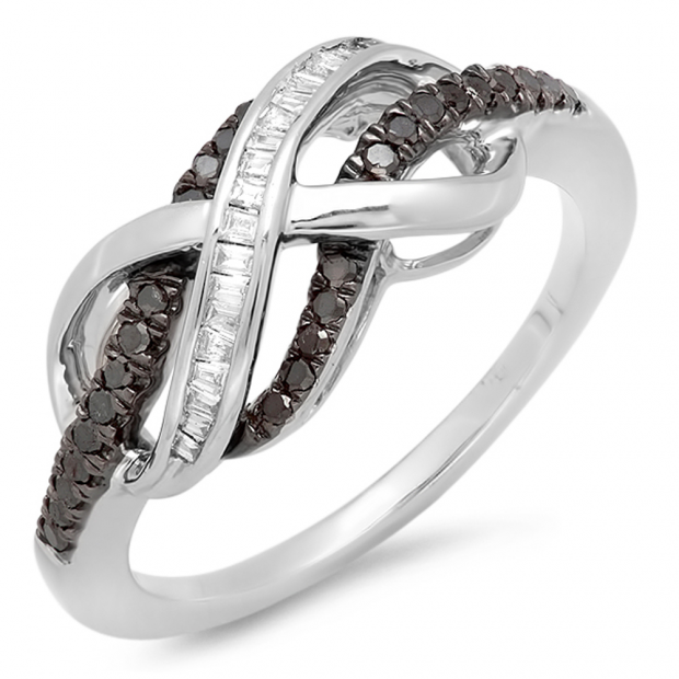0.25 Carat (ctw) Sterling Silver Round & Baguette Cut Black & White Diamond Ladies Swirl Infinity Wedding Ring 1/4 CT