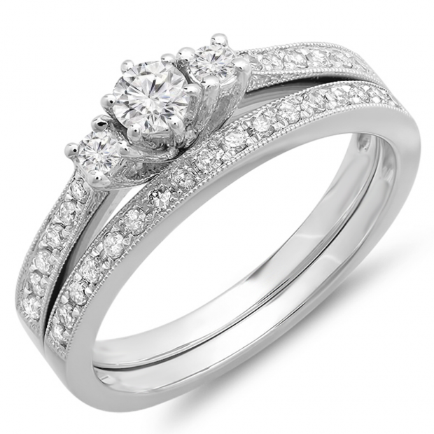0.55 Carat (ctw) 14k White Gold Round Diamond Ladies 3 Stone Bridal Engagement Ring Matching Band Set