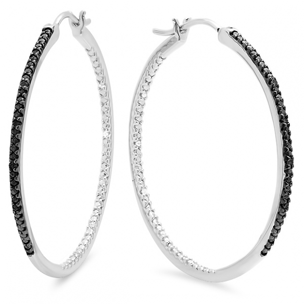0.10 Carat (ctw) Sterling Silver Round Black Diamond Ladies Fine Hoop Earrings 1/10 CT