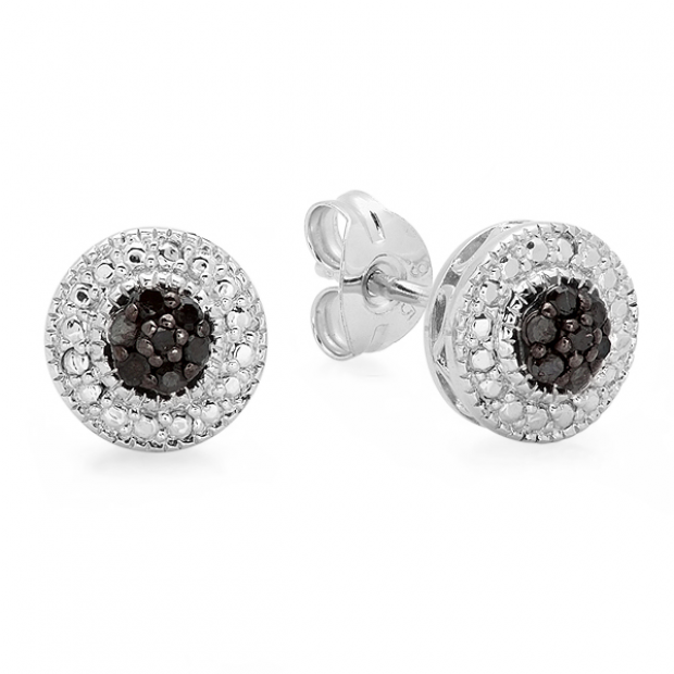 0.10 Carat (ctw) Sterling Silver Round Black Diamond Ladies Cluster Stud Earrings 1/10 CT
