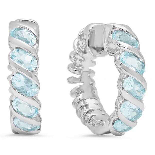Sterling Silver Oval Cut Aquamarine Hoop Earrings