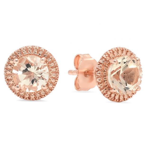 Rose Gold Plated Sterling Silver Round Cut Morganite Stud Earrings