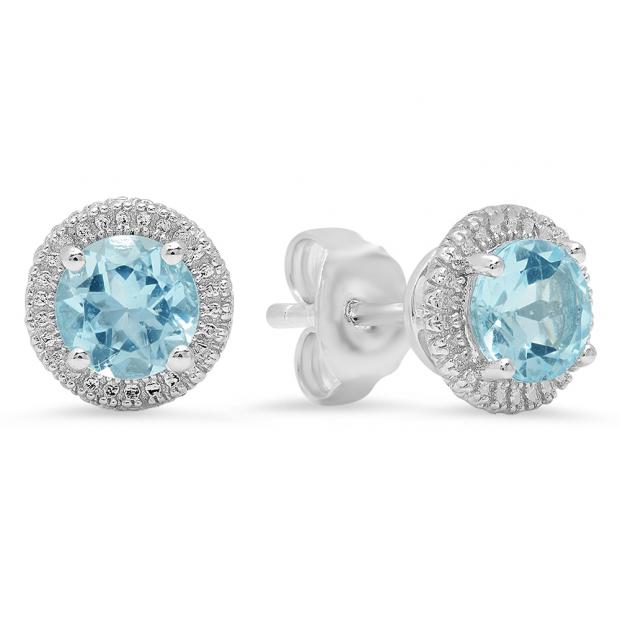Sterling Silver Round Cut Aquamarine Ladies Bedded Frame Fashion Stud Earrings
