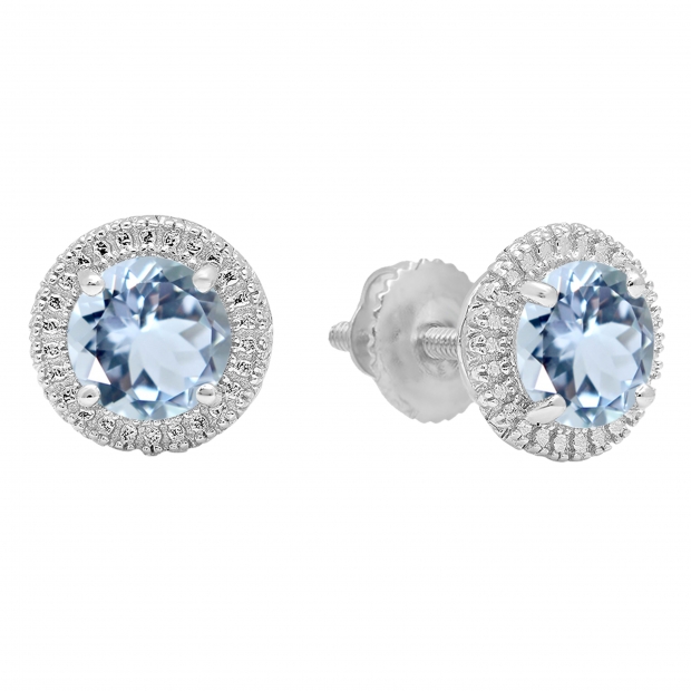 Sterling Silver Round Cut Aquamarine Ladies Bedded Frame Fashion Stud Earrings