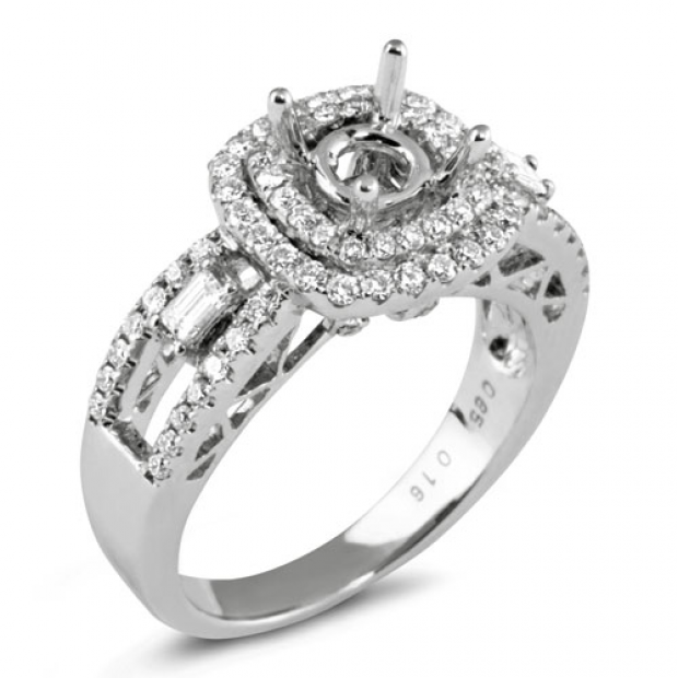 0.85 Carat (ctw) 14K White Gold Round & Baguette Diamond Semi Mount Round Diamond For Center Engagement Bridal Ring (No Center Stone)