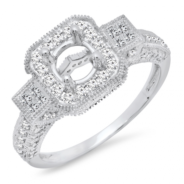 1.00 Carat (ctw) 18K White Gold Brilliant Round & Princess Cut Diamond 3 stone Semi Mount Vintage Antique Look Ladies Engagement Bridal Ring (No Center Stone)