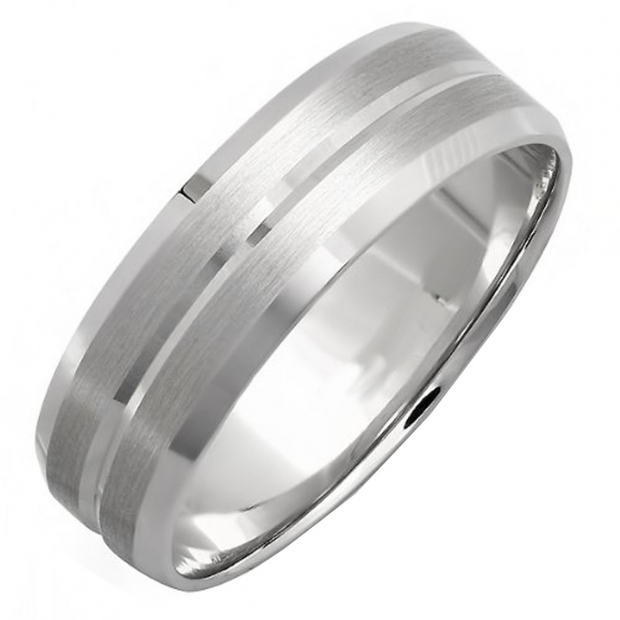 14k White Gold Mens Wedding Band Traditional Fit Grooved Brushed