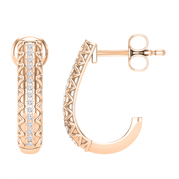 Round White Diamond in Between Metal Zigzag Line J Shape Pushback Hoop Earrings for Her (0.08 ctw, Color I-J, Clarity I2-I3) in 10K Rose Gold