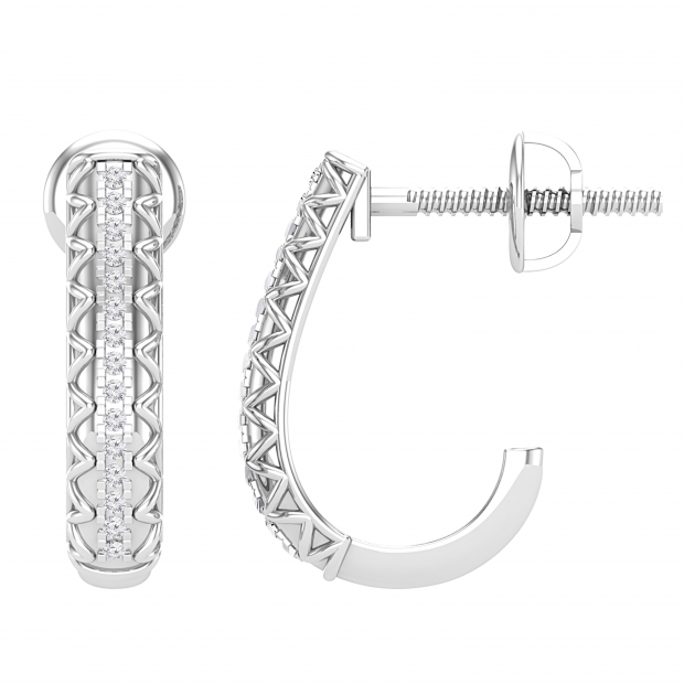Round White Diamond in Between Metal Zigzag Line J Shape Screwback Hoop Earrings for Her (0.08 ctw, Color I-J, Clarity I2-I3) in 10K White Gold