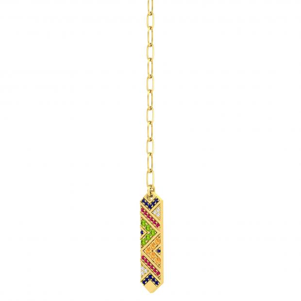 Round 5 Multi Gem Stone Long Vertical Bar Paperclip Gold Chain Pendant Necklace for Women in 14K Yellow Gold