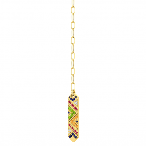 Round 5 Multi Gem Stone Long Vertical Bar Paperclip Gold Chain Pendant Necklace for Women in 18K Yellow Gold