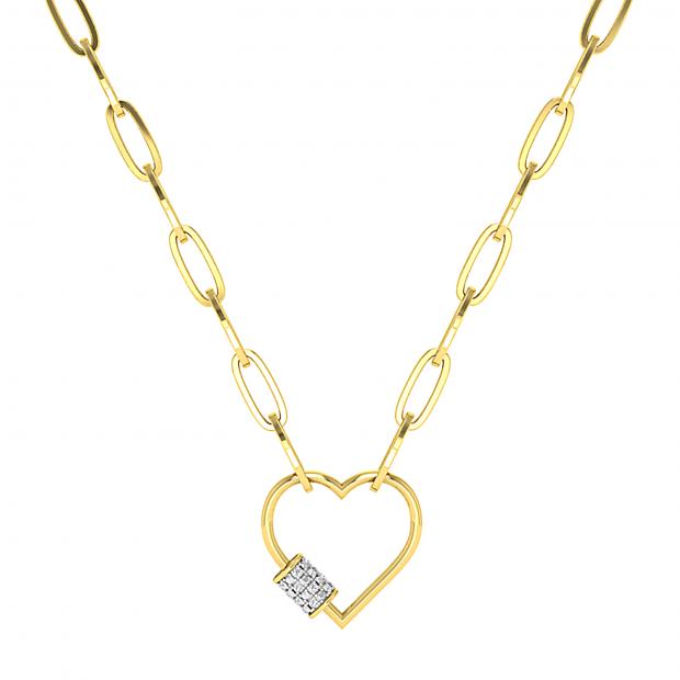 Round White Diamond Heart Screw Lock Paperclip Gold Chain Pendant Necklace for Women (0.16 ctw Color I-J Clarity I1-I2) in 18K Yellow Gold