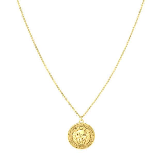Round Champagne Diamond Accent Lion Greek Key Pendant with Gold Chain Necklace for Women in 925 Yellow Gold Plated Sterling Silver