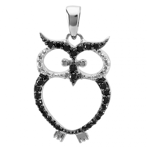 0.25 Carat (ctw) Sterling Silver Round Black Diamond Ladies Owl Pendant