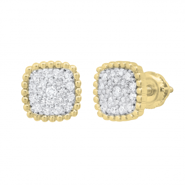 Round White Diamond Cushion Shaped Beaded Style Cluster Screwback Stud Earrings for Women (0.33 ctw Color I-J Clarity I1-I2) in 18K Yellow Gold