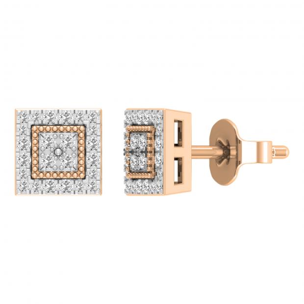 Round White Diamond Beaded Square Framed Pushback Stud Earrings (0.23 Ctw Color I-J Clarity I1-I2) for Women in 14K Rose Gold