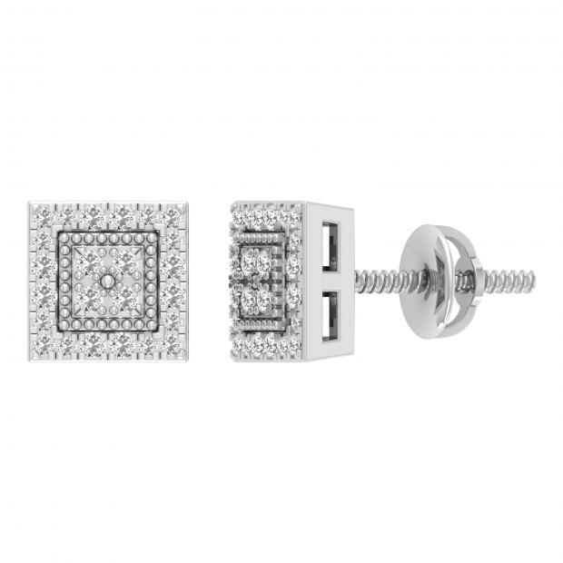 Round White Diamond Beaded Square Framed Screwback Stud Earrings (0.23 Ctw Color I-J Clarity I2-I3) for Women in 925 Sterling Silver
