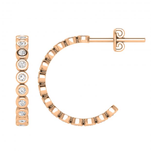 Bezel Set Round White Diamond Semi Circle Pushback Hoop Earrings for Women in 10K Rose Gold