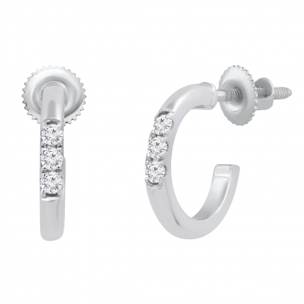 0.09 Carat (ctw) Round White Diamond 3 Stone Stud Earrings for Women in 14K White Gold in Screw Back