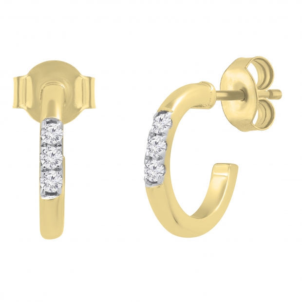 0.09 Carat (ctw) Round White Diamond 3 Stone Stud Earrings for Women in 18K Yellow Gold in Push Back