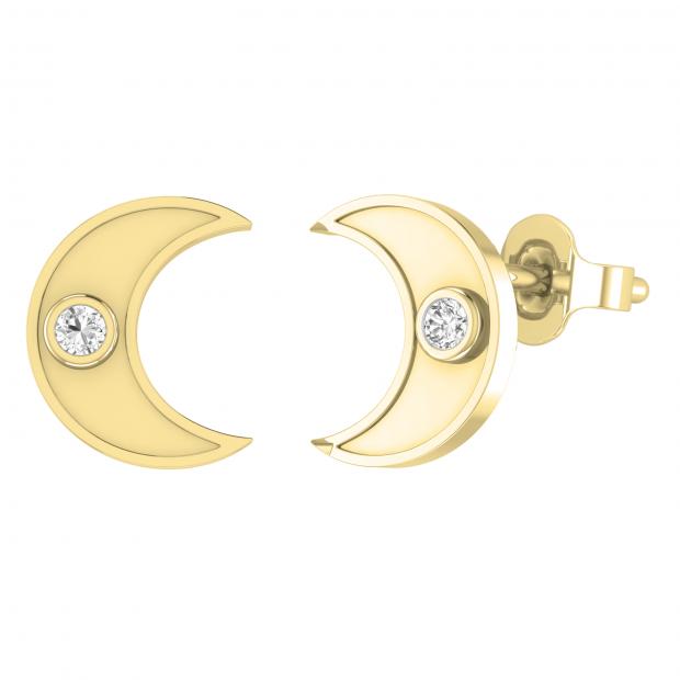 Round White Diamond Bezel Set Crescent Moon Stud Earrings for Women (0.13 ctw Color I-J Clarity I1-I2) in 14K Yellow Gold in Push Back