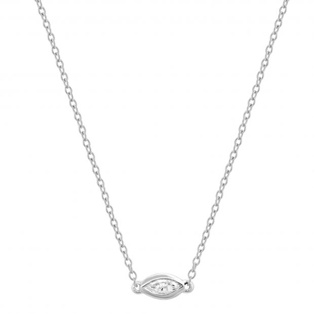 4x2mm Marquise White Diamond Bezel Style Pendant for Women with 18 inch Gold Chain (0.10 ctw Color I-J Clarity I2-I3) in 10K White Gold