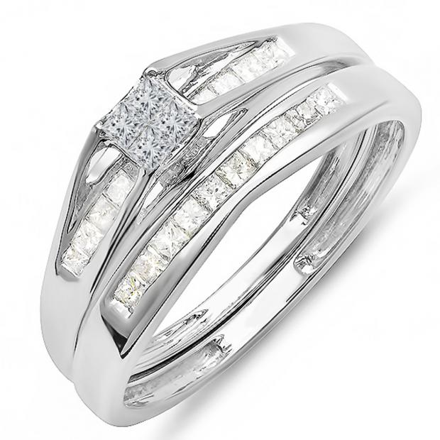 0.50 Carat (ctw) 14k White Gold Princess Diamond Ladies Bridal Engagement Ring Matching Band Set 1/2 CT