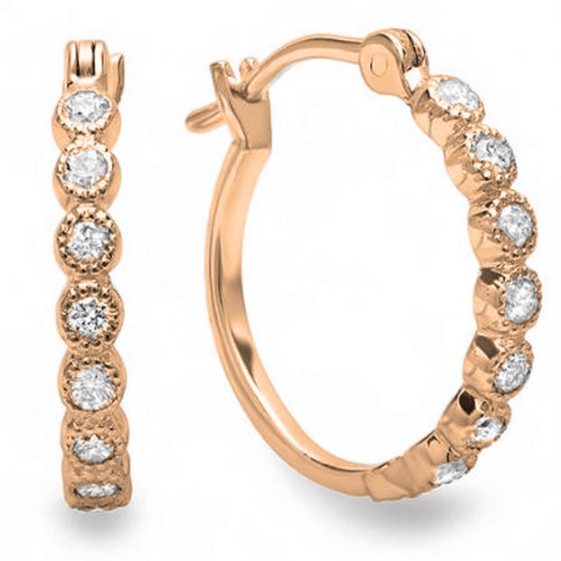 0.25 Carat (ctw) 10K Rose Gold Round White Diamond Fine Dainty Hoop Earrings 1/4 CT