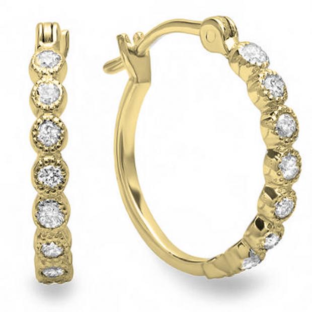 0.25 Carat (ctw) 14K Yellow Gold Round White Diamond Fine Dainty Hoop Earrings 1/4 CT