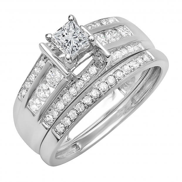 0.75 Carat (ctw) 10k White Gold Princess & Round Diamond Ladies Bridal Ring Set Matching Band 3/4 CT