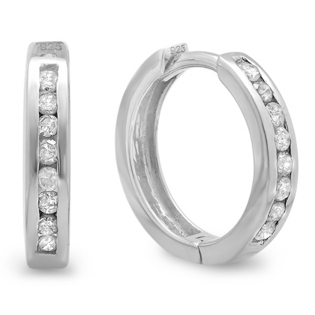 0.15 Carat (ctw) Small 11mm Sterling Silver Round Diamond Huggie Hoop Earrings