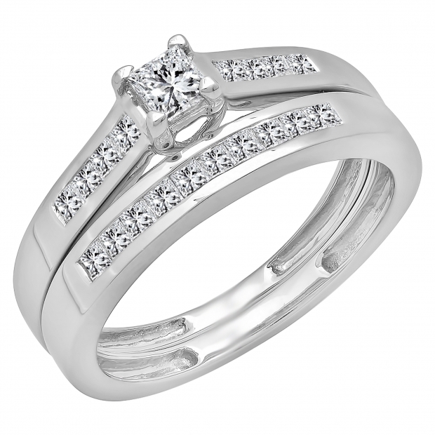 0.55 Carat (ctw) 14k White Gold Princess Diamond Ladies Bridal Engagement Ring Matching Band Set