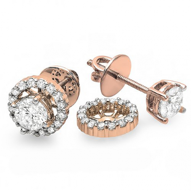 1.00 Carat (ctw) 14k Rose Gold Round Diamond Halo Stud Earrings with Removable Jackets