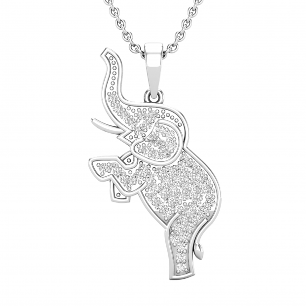 Round White Diamond Baby Elephant Pendant for Women with 18 Inch Silver Chain (0.53 ctw, Color I-J, Clarity I2-I3) in 10K White Gold