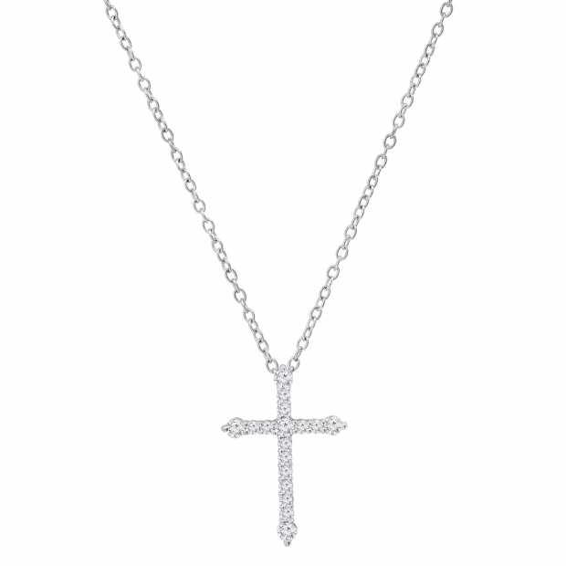 Round White Diamond Encrusted Cross Pendant with 18 inch Silver Chain for Women (0.32 ctw, Color I-J, Clarity I2-I3) in 925 Sterling Silver