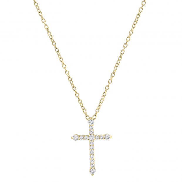 Round White Diamond Encrusted Cross Pendant with 18 inch Gold Chain for Women (0.32 ctw, Color I-J, Clarity I1-I2) in 14K Yellow Gold