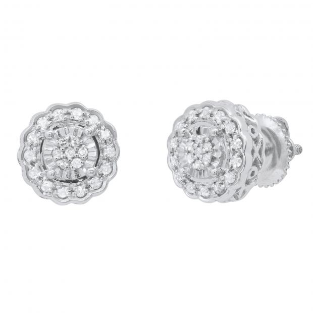 Round White Diamond Illusion Style Filigree Groove Sides Flower Screwback Stud Earrings for Women (0.22 ctw, Color I-J, Clarity I2-I3) in 925 Sterling Silver