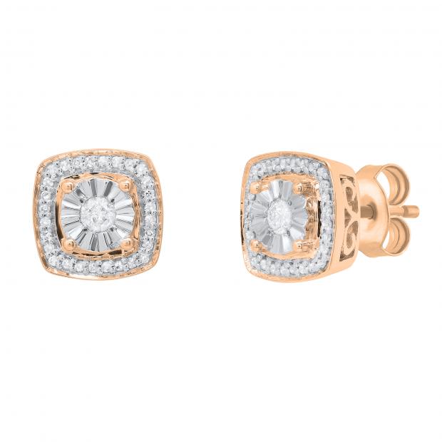 Round White Diamond Illusion Set Filigree Groove Sides Pushback Cushion Stud Earrings (0.25 Ctw Color I-J Clarity I1-I2) for Women in 14K Rose Gold