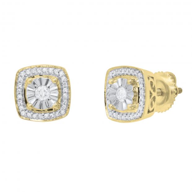 Round White Diamond Illusion Set Filigree Groove Sides Screwback Cushion Stud Earrings (0.25 Ctw Color I-J Clarity I1-I2) for Women in 14K Yellow Gold