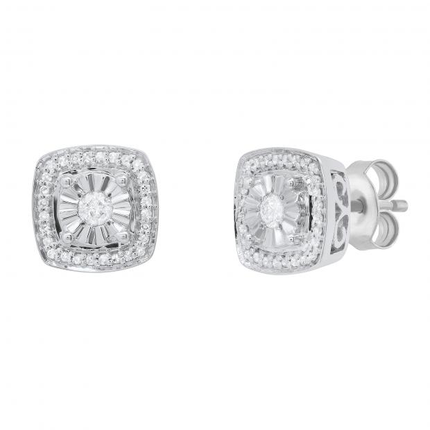 Round White Diamond Illusion Set Filigree Groove Sides Pushback Cushion Stud Earrings (0.25 Ctw Color I-J Clarity I2-I3) for Women in 925 Sterling Silver